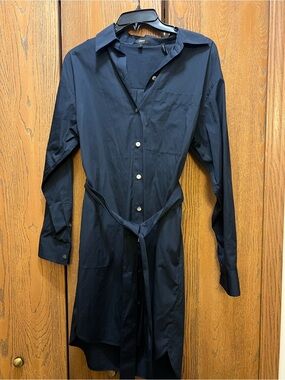 Theory Navy Long-Sleeve Shirt Dress with Waist Tie